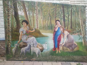Картина Девушки у пруда с лебедем, старая 160х120см