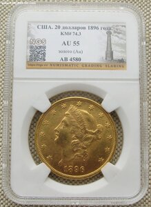 20 долларов США 1896г. Слаб AU55 Золото 900 проба
