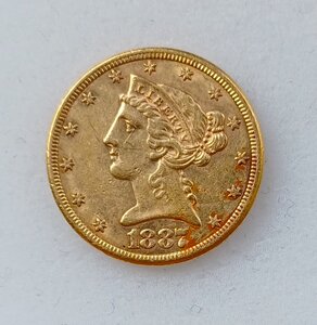 5 долларов США 1887 г. золото 900 пр. вес 8.33 гр